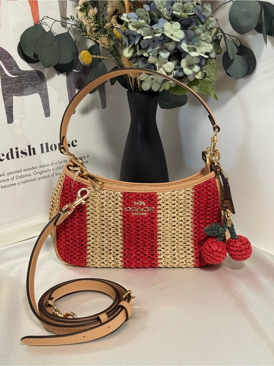 Coach Handbags - COACH teri shoulder bag with stripes and charm. gold/red/tan CER34